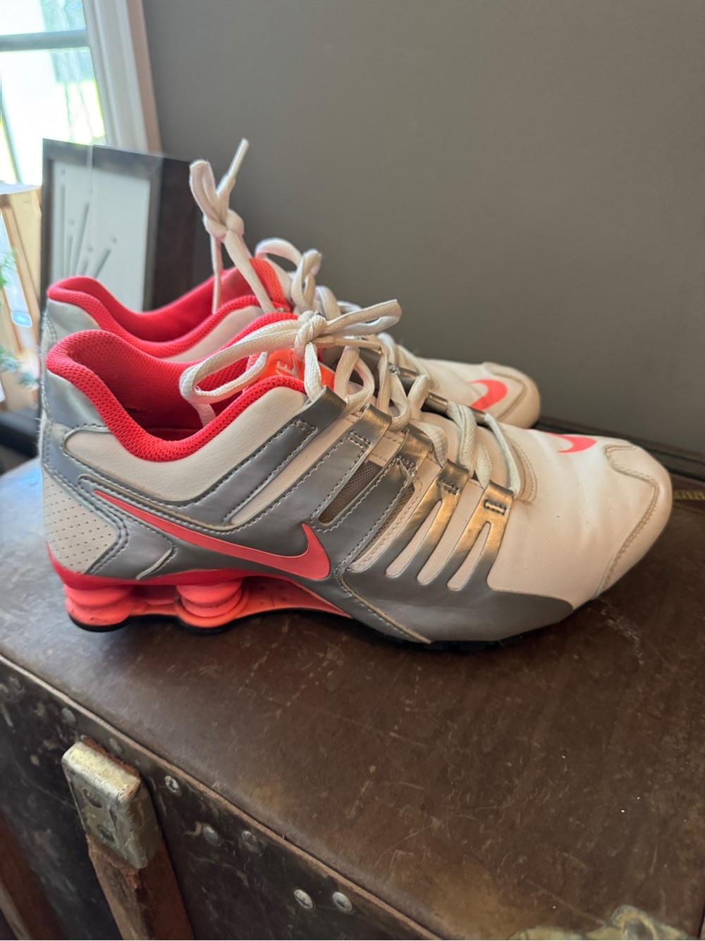 Nike White & Coral/Gray Shox Athletic Sneakers